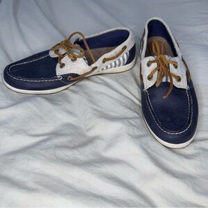 Sperry Top-Sider Boat Shoes Women’s 7M Navy Blue‎ Leather Canvas Striped Casual